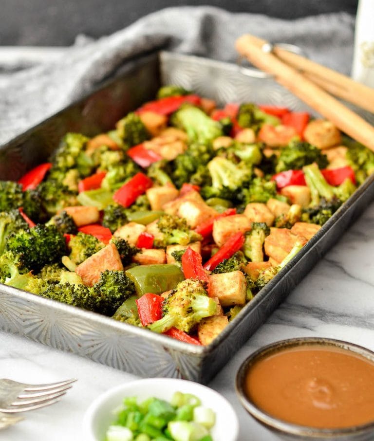 Tofu, broccoli and red pepper in a sheet pan. Sheet Pan Dinner Options.